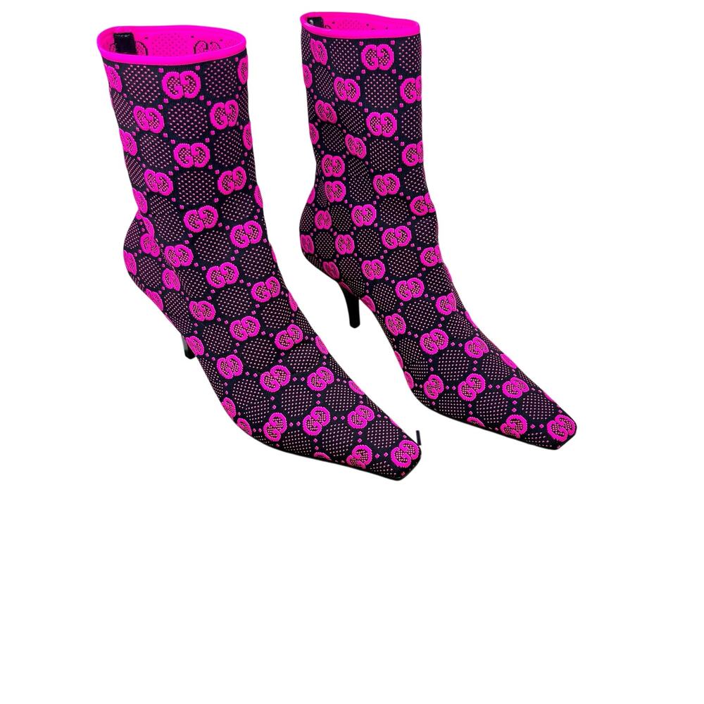 Gucci Technical GG Jersey Tom Boots Pink Black Neon Fuchsia Monogram Booties 42 - Picture 8 of 8